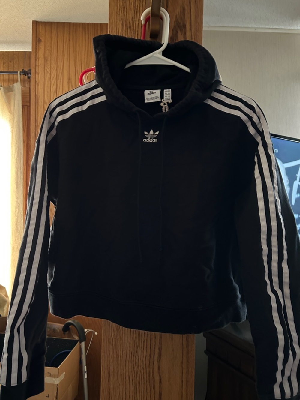 adidas Black Hoodie with White Three-Stripe Sleeves
